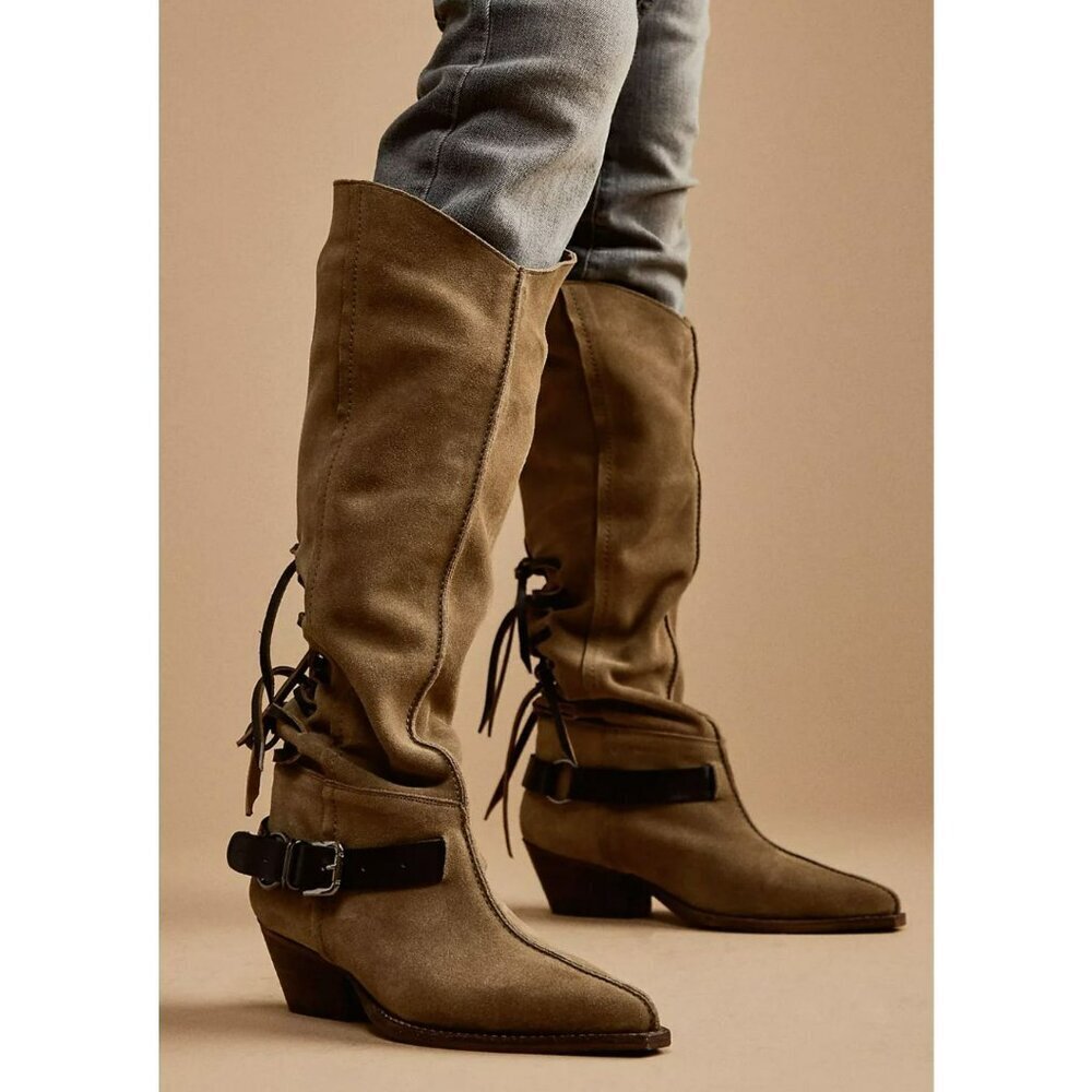 Free People $198 Back Lace Sway Military Taupe Suede Knee High Sz 8.5 - Picture 2 of 12